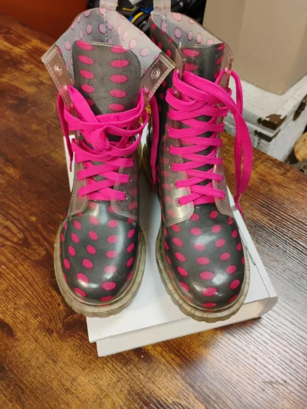 Bongo Pink Polka Dot Clear Combat Rain Boots Lace Up Size 9